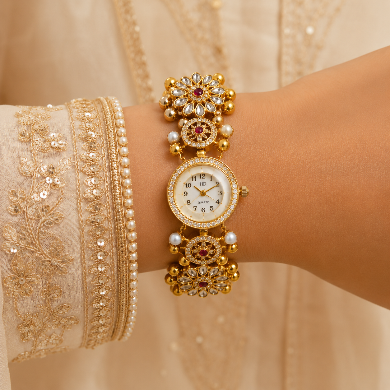 Gold Kundan Floral AD Ghungroo Pearl Watch Bracelet