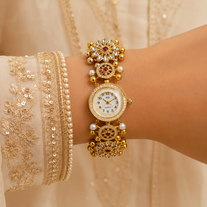Gold Kundan Floral AD Ghungroo Pearl Watch Bracelet