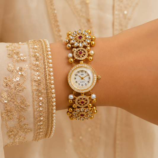 Gold Kundan Floral AD Ghungroo Pearl Watch Bracelet