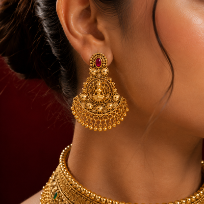 Antique Gold Nakshi Lakshmi Temple Bead Drop Choker Set