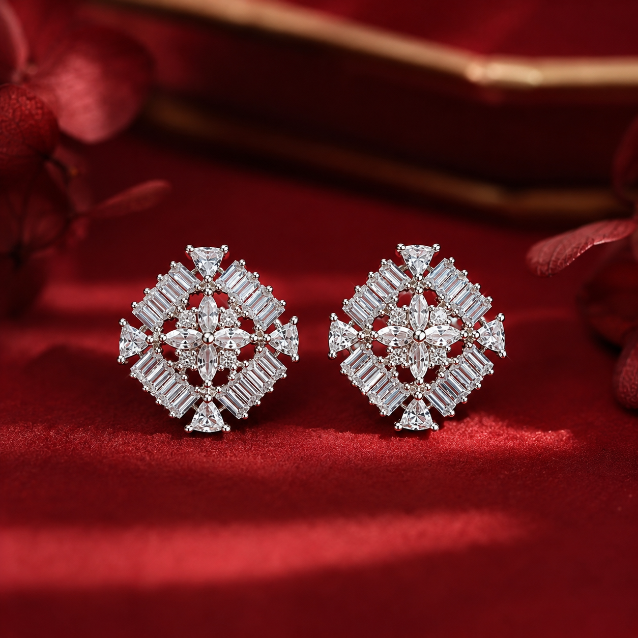 Silver Tone Star Flower AD Geometric Stud Earrings