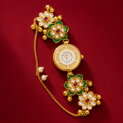 Kundan Green Meenakari Ruby Centre Floral Ghungroo Watch