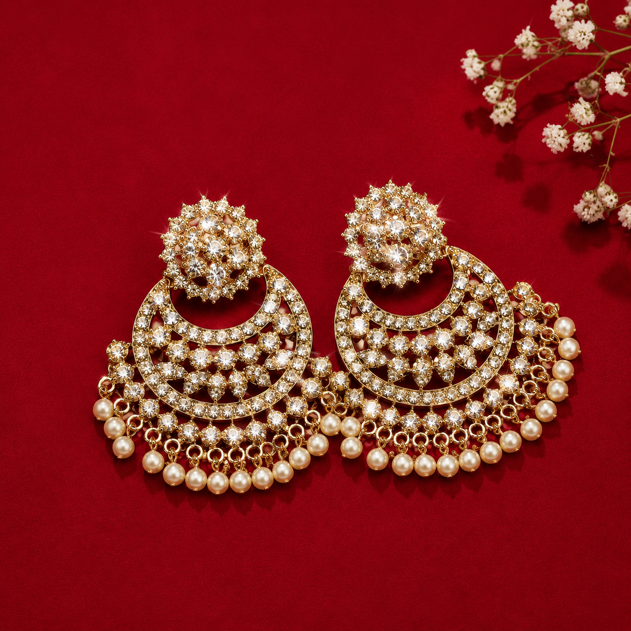Gold Plated Round Multi Layer Crescent Moon Chandbali Earrings