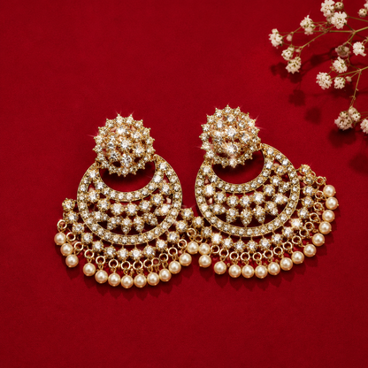 Gold Plated Round Multi Layer Crescent Moon Chandbali Earrings