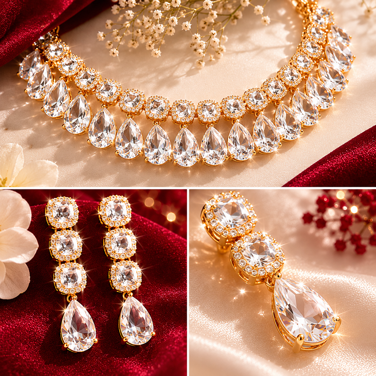 White Uncut Polki Cushion Drop Fringe Bridal Necklace Set