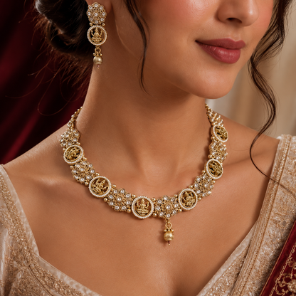 Goddess Lakshmi Temple Kundan Pearl Necklace Set