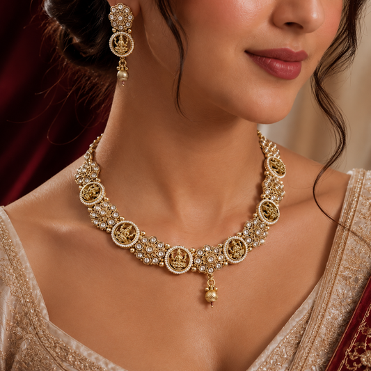 Goddess Lakshmi Temple Kundan Pearl Necklace Set