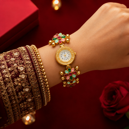 Gold Tone Multi Stone Petal Flower Ghungroo Chain Watch