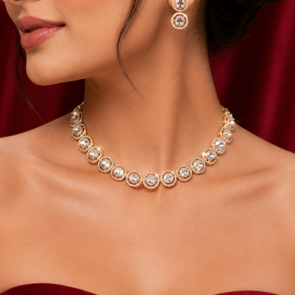 Gold Tone Round AD Circle Tennis Choker Necklace Set