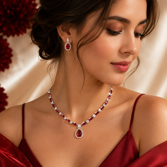 Silver Plated Deep Red Ruby Oval White AD Teardrop Necklace Set
