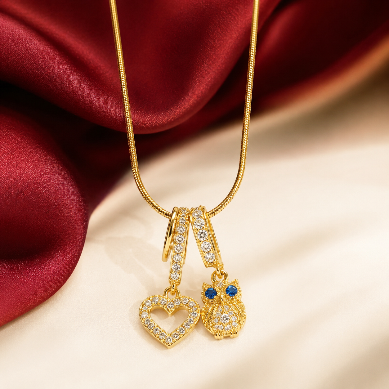 Owl & Heart Dual Charm Snake Chain Necklace