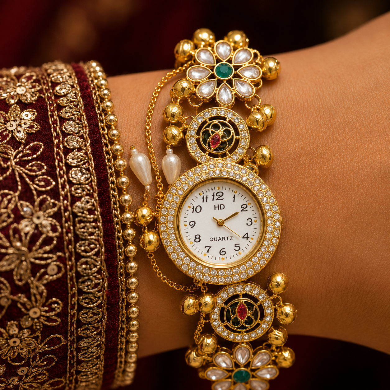 Kundan Pearl Flower Meenakari AD Ghungroo Watch