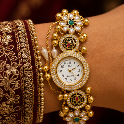 Kundan Pearl Flower Meenakari AD Ghungroo Watch