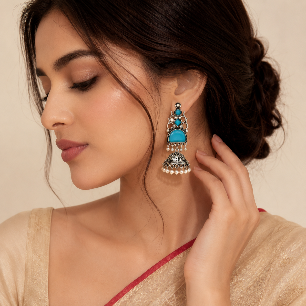 Oxidised Silver Round Half Moon Multi Stone Jhumka Pearl Earrings
