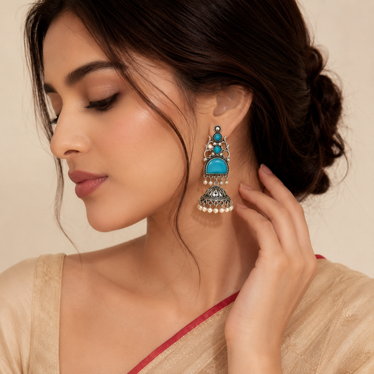 Oxidised Silver Round Half Moon Multi Stone Jhumka Pearl Earrings