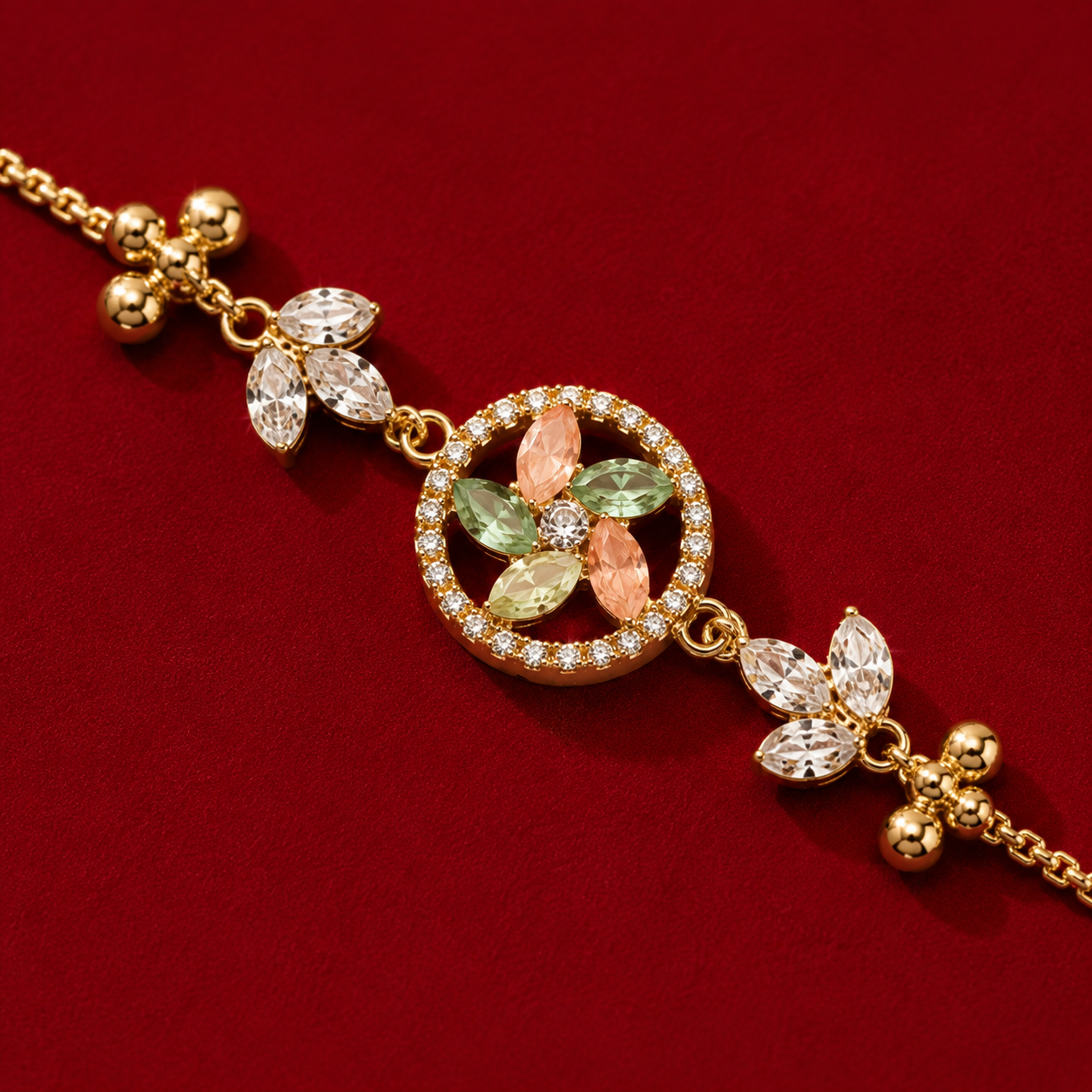 Gold Tone Peach Green Floral AD Leaf Chain Bracelet