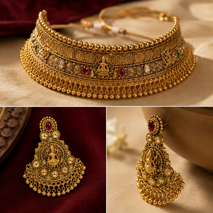 Antique Gold Nakshi Lakshmi Temple Bead Drop Choker Set