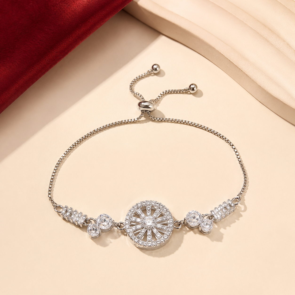 Silver Plated AD Round Halo Adjustable Bracelet