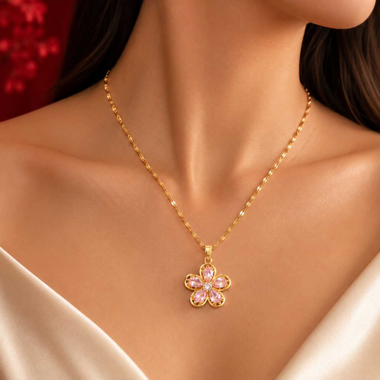 Pink Blossom Crystal Flower Necklace