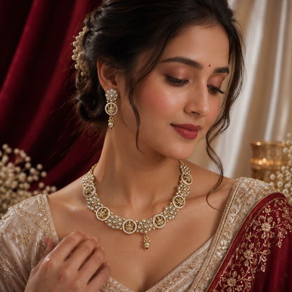 Goddess Lakshmi Temple Kundan Pearl Necklace Set