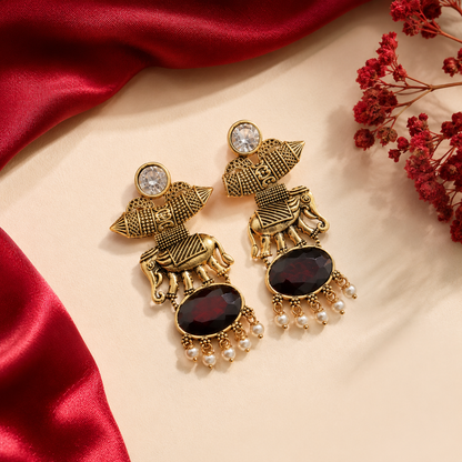 Gold Tone Elephant Motif Oval Stone Pearl Earrings