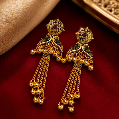 Gold Ruby Emerald Teardrop Stud Long Chain Ghungroo Earrings