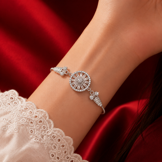Silver Plated AD Round Halo Adjustable Bracelet
