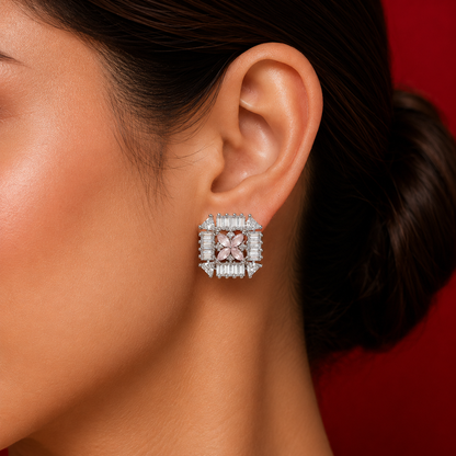 Silver Tone Star Flower AD Geometric Stud Earrings