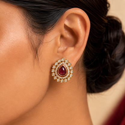 Gold Tone Ruby Teardrop AD Halo Bezel Stud Earrings