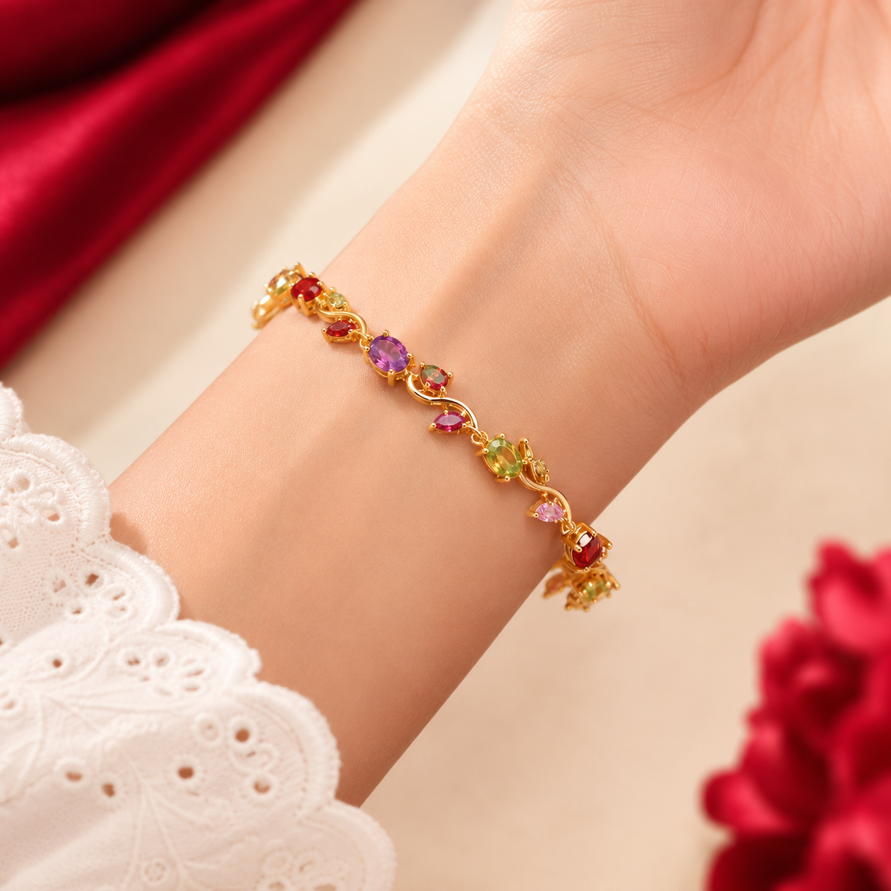 Rainbow Multi Stone Oval Twisted Vine Link Bracelet