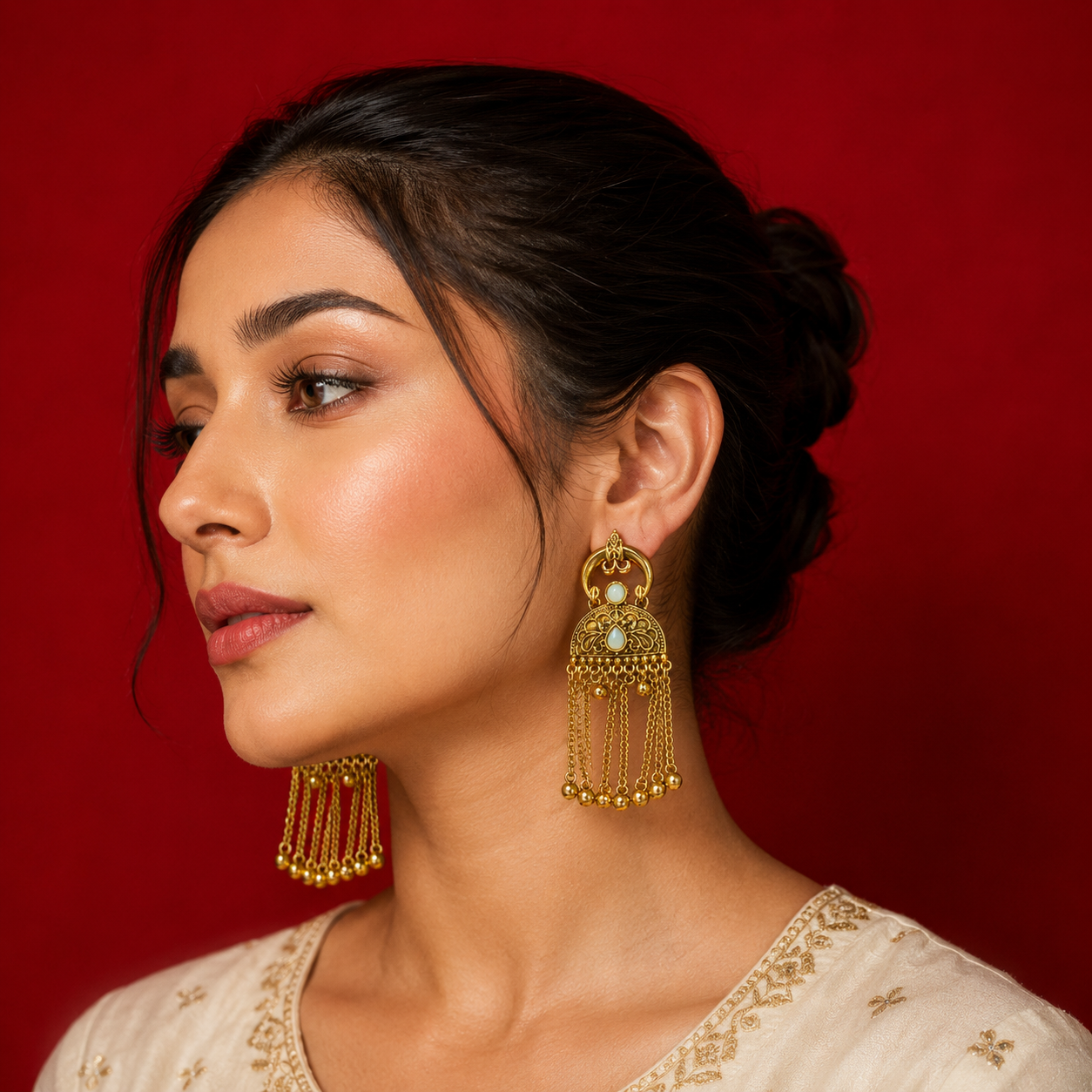 Crescent Hoop Filigree Dome Chain Ghungroo Drop Earrings
