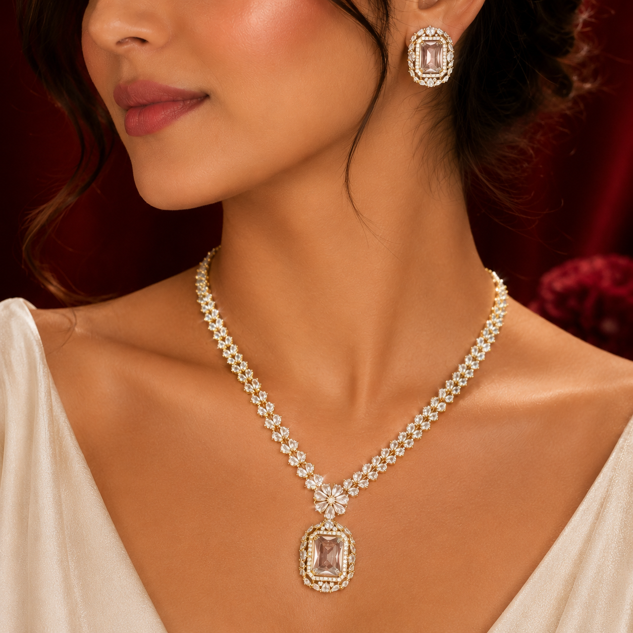 Gold Plated Emerald Cut AD Daisy Chain Pendant Necklace Set