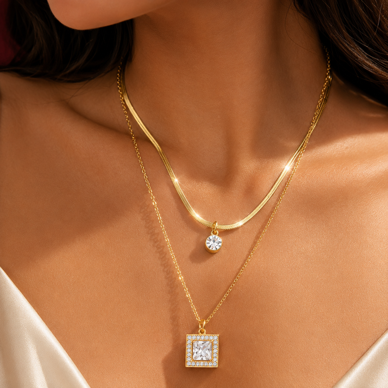 Gold Crystal Layered Necklace Set