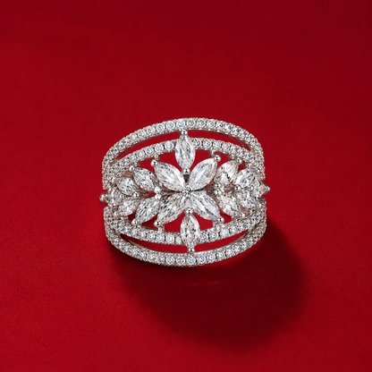 White AD Sunflower Cluster Triple Row Band Statement Ring