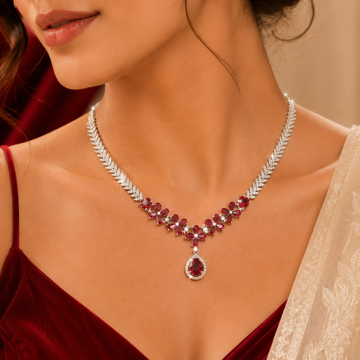 Rich Red Ruby Floral White AD Wheat Leaf Pendant Necklace Set