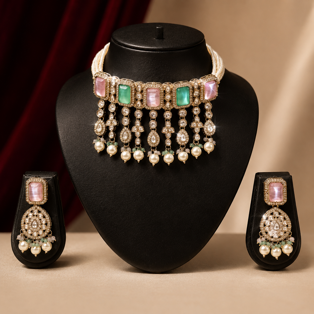 Moisannite Blush Pink Jade Green Kundan Pearl Tassel Choker Set