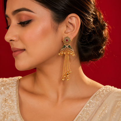 Gold Ruby Emerald Teardrop Stud Long Chain Ghungroo Earrings