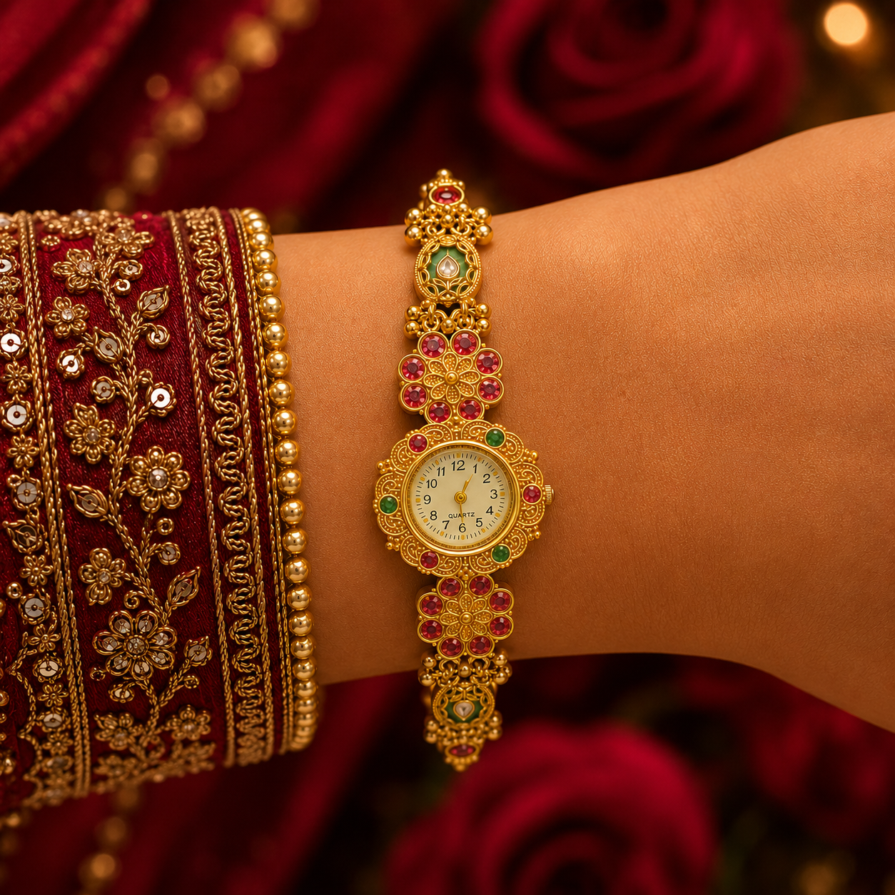 Gold Tone Ruby Emerald Round Stone Floral Nakshi Bracelet Watch