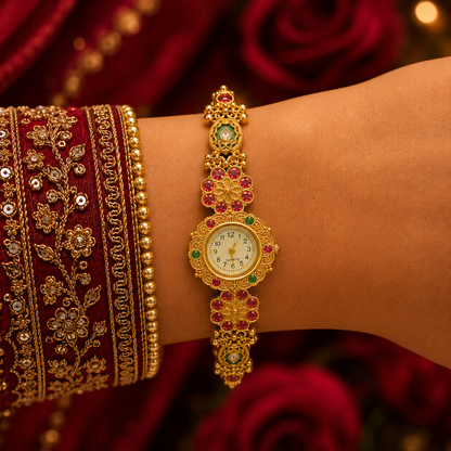Gold Tone Ruby Emerald Round Stone Floral Nakshi Bracelet Watch