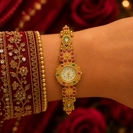 Gold Tone Ruby Emerald Round Stone Floral Nakshi Bracelet Watch