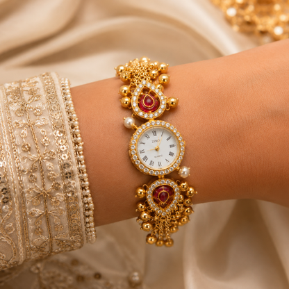 Gold Tone Oval Teardrop AD Ghungroo Multi Chain Watch