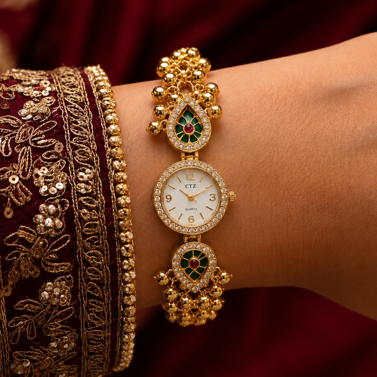 Green Meenakari Teardrop AD Ghungroo Chain Pearl Drop Watch