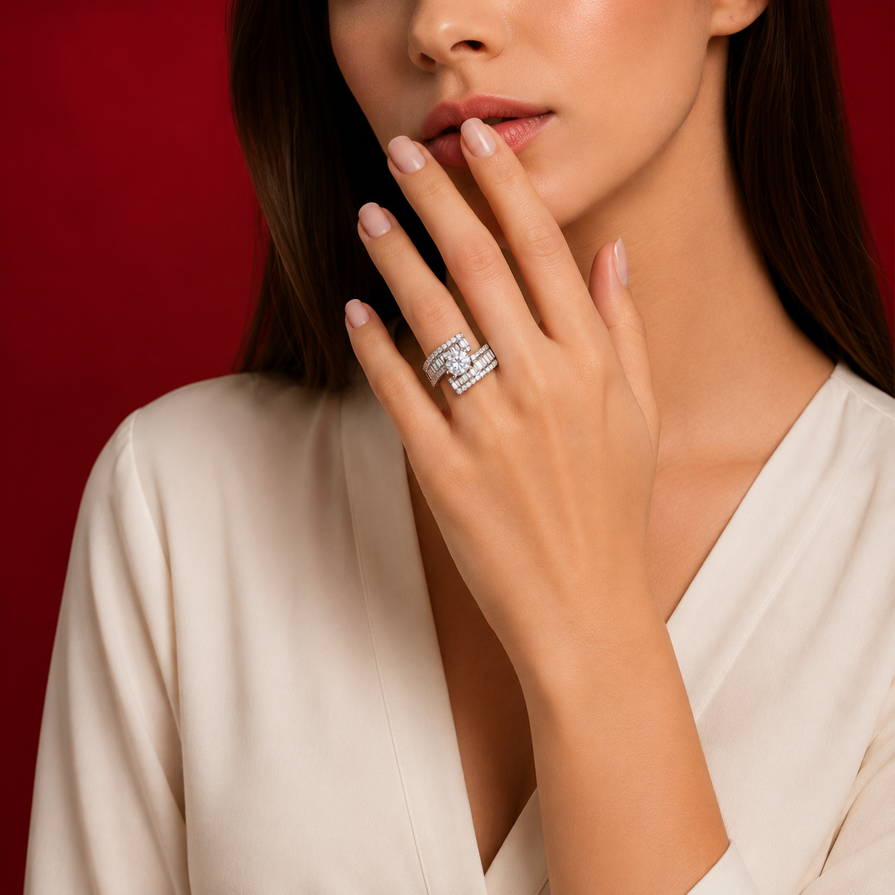 White AD Centre Round Triple Row Broad Band Statement Ring