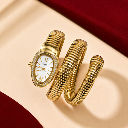 Gold Plated Snake Wrap Coil AD Bezel Quartz Watch