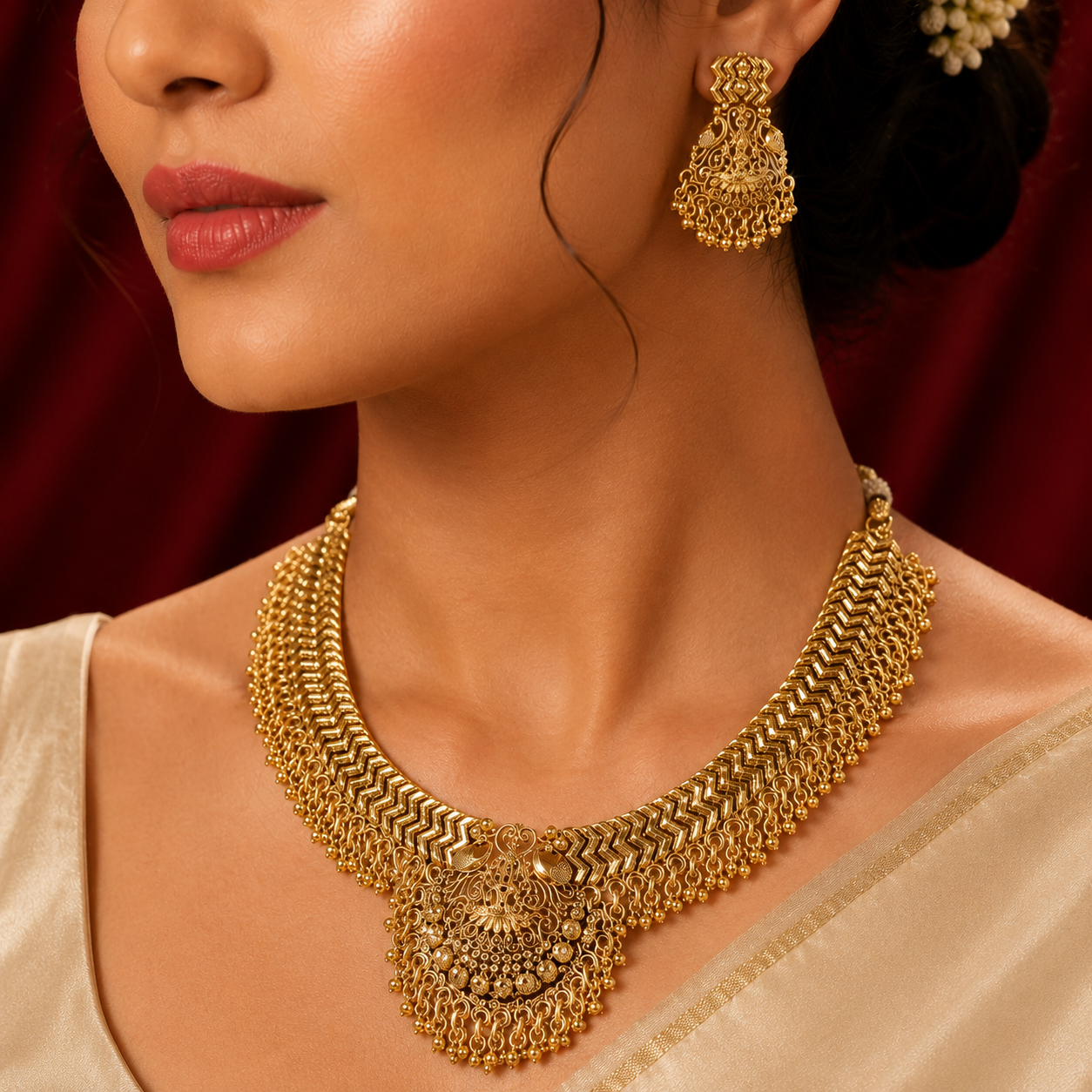 Gold Tone Chevron Pattern Peacock Jhumka Necklace Set