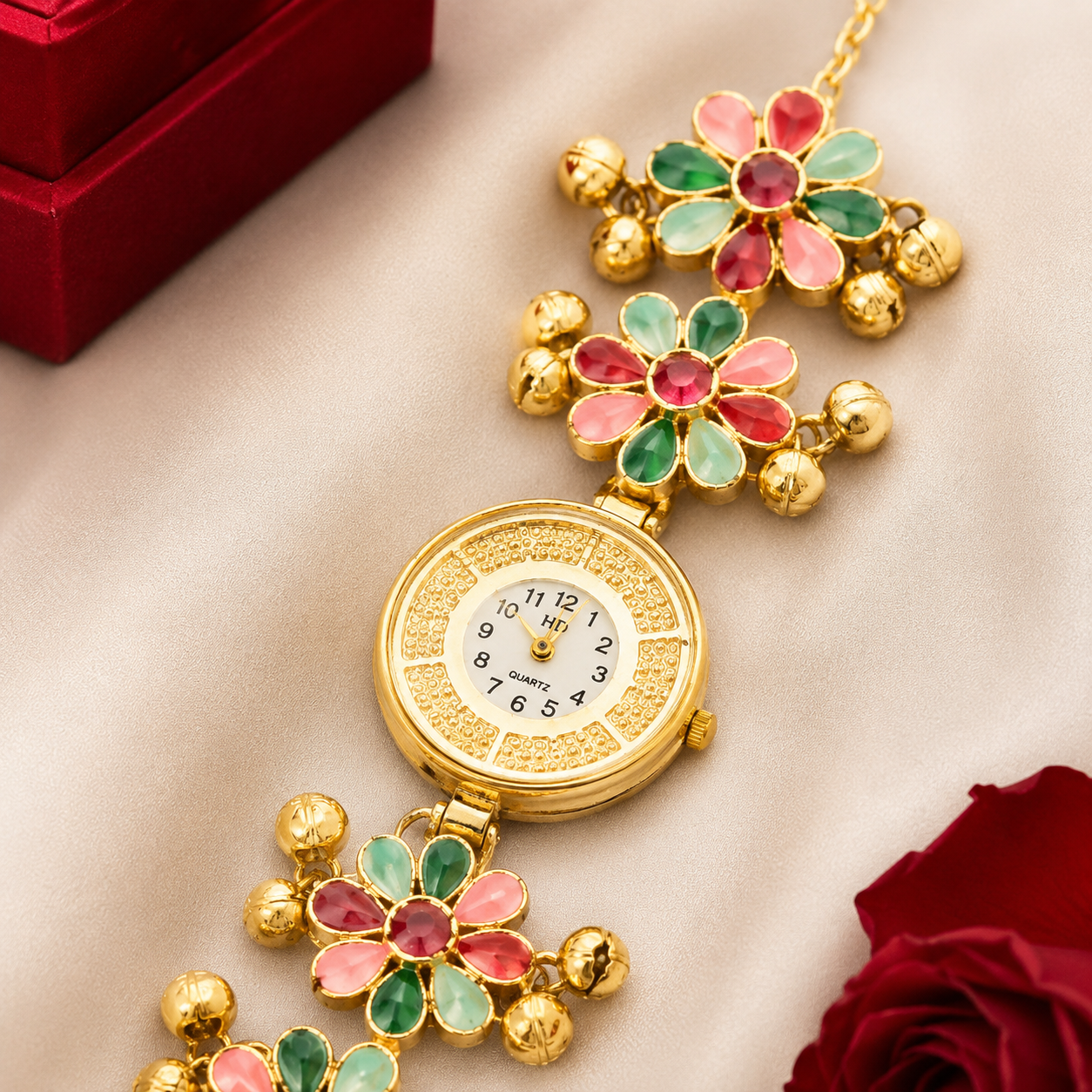 Gold Tone Multi Stone Petal Flower Ghungroo Chain Watch