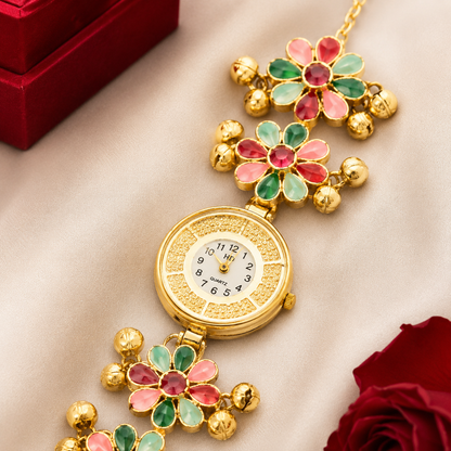 Gold Tone Multi Stone Petal Flower Ghungroo Chain Watch