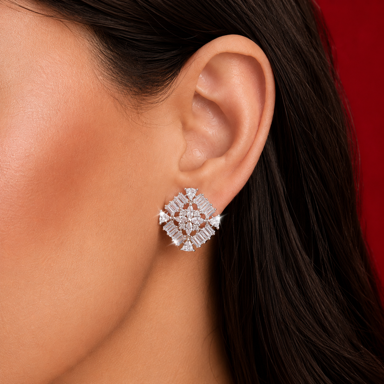 Silver Tone Star Flower AD Geometric Stud Earrings