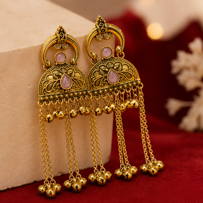 Crescent Hoop Filigree Dome Chain Ghungroo Drop Earrings