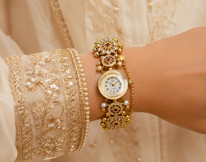 Gold Kundan Floral AD Ghungroo Pearl Watch Bracelet